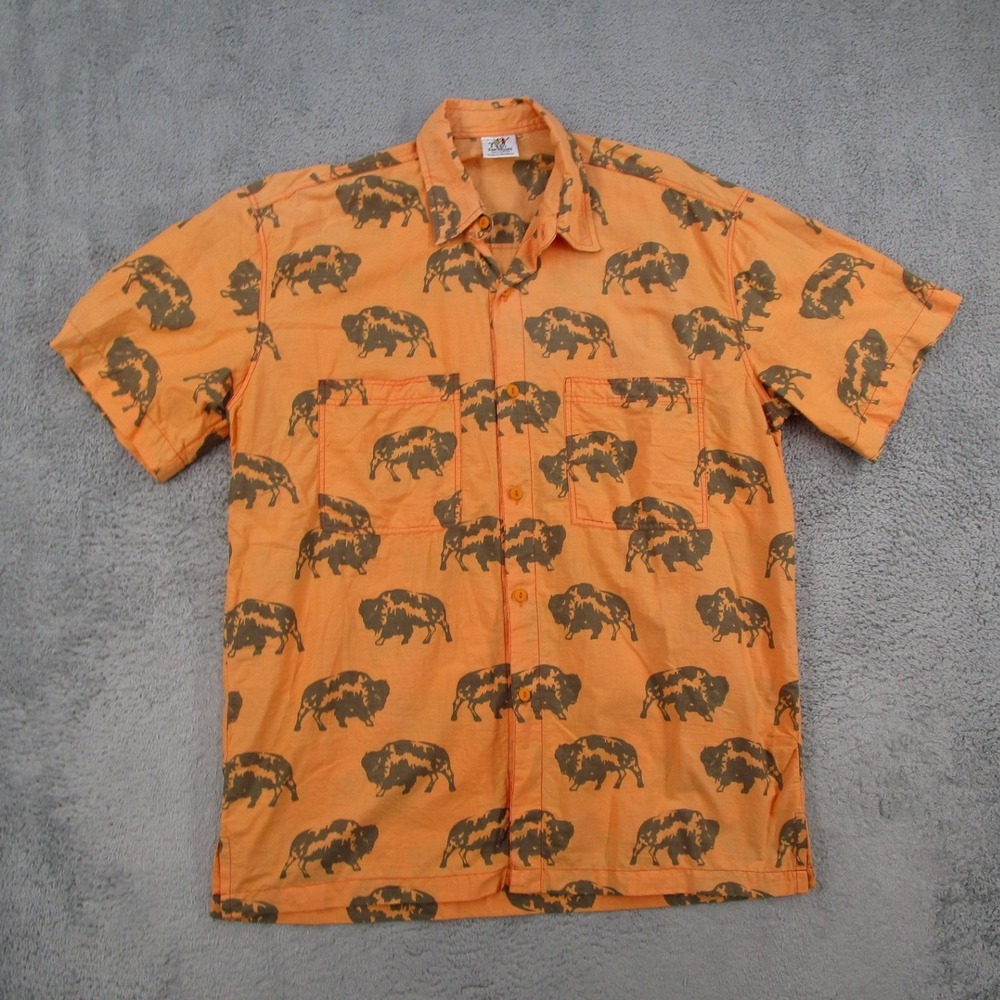 Rum Reggae Mens Large Orange Buffalo Bison Print Cotton SS Button Down Shirt